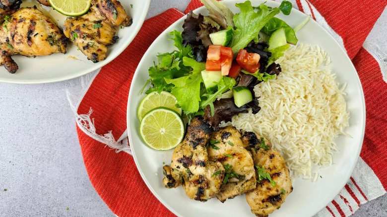 chicken with salad and rice