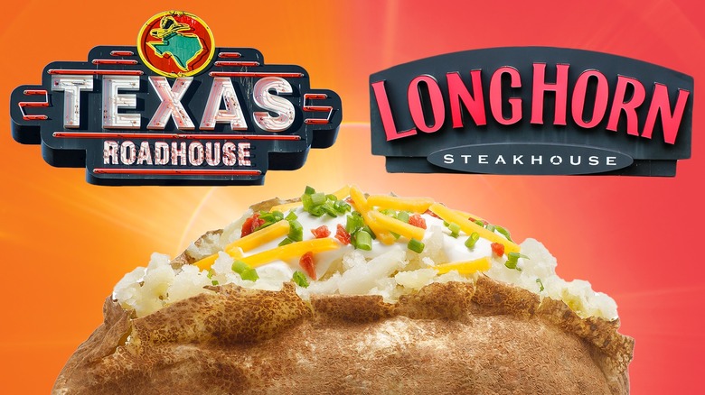 a baked potato with butter, cheese, bacon bits and chives underneath the logos of Texas Roadhouse and LongHorn Steakhouse