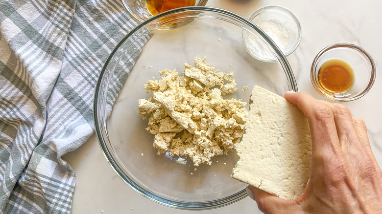 crumbled tofu in bowl