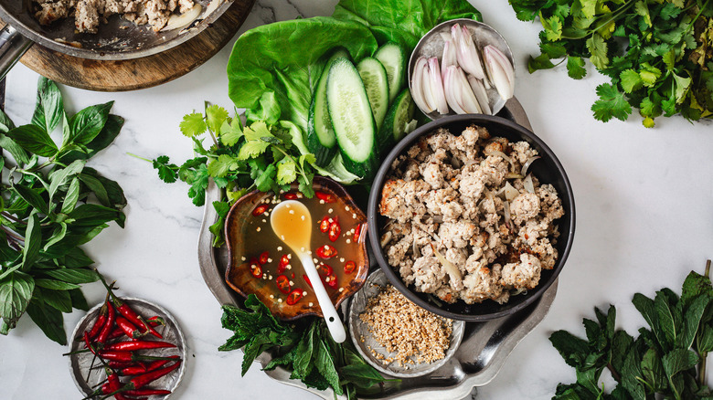 Overhead view of Turkey wrap ingredients surrounded by ingredients