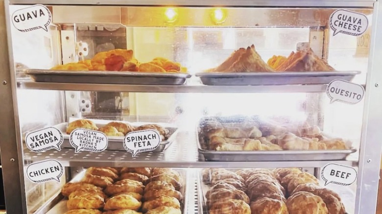 Display case of savory pastries