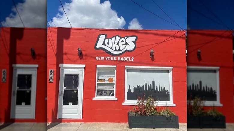 Red exterior of bagel shop