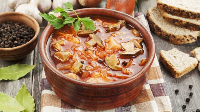 mushroom and beet borscht in bowl