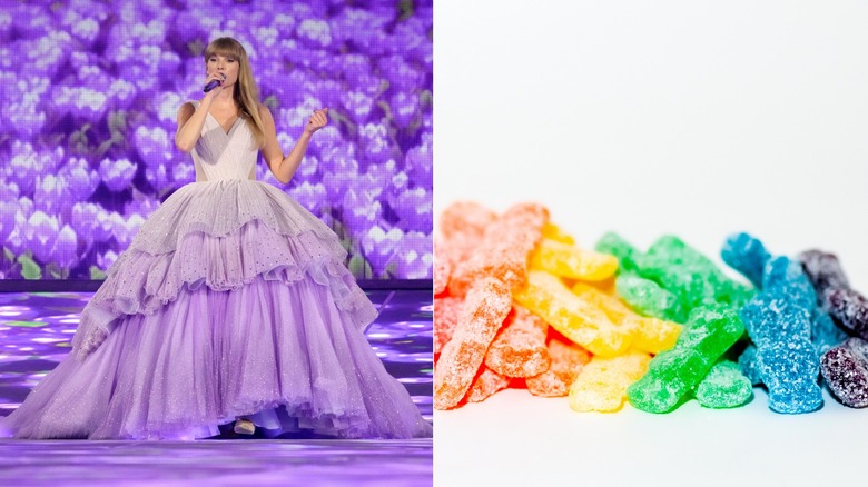 Taylor Swift purple dress and Sour Patch Kids