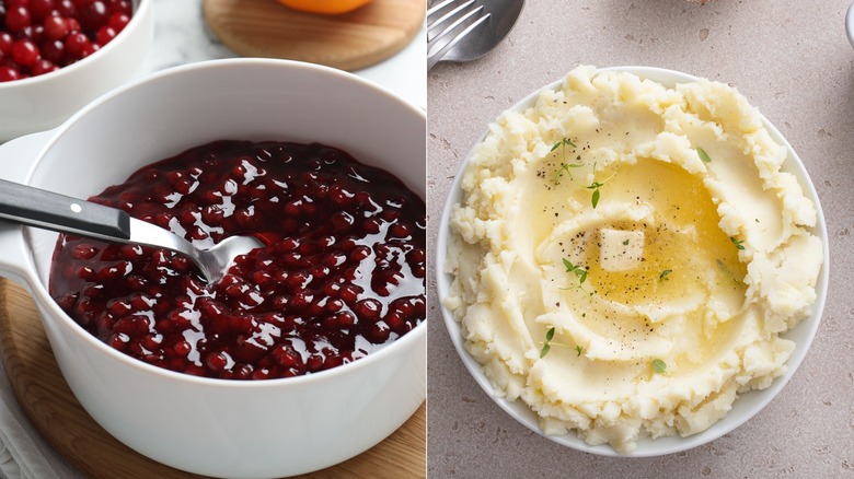 Cranberry sauce with a spoon in a white bowl, mashed potatoes on a white plate with butter and herbs