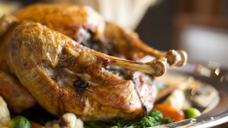 Close-up of a Thanksgiving turkey on a metal serving dish