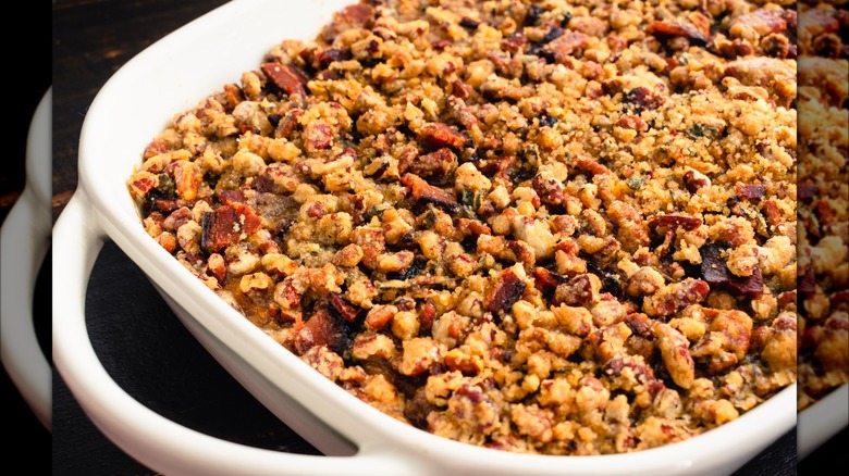 Close-up of sweet potato casserole in a white dish