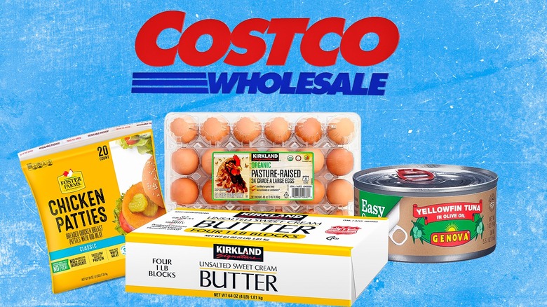 Four recalled Costco products underneath the chain's logo and against a blue background