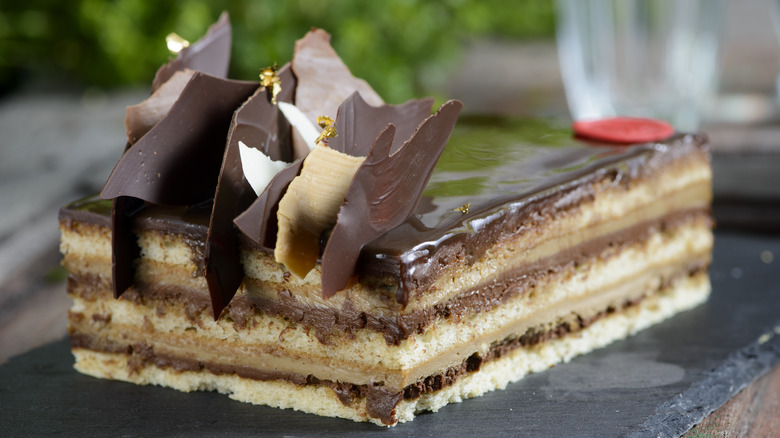 Opera cake on plate