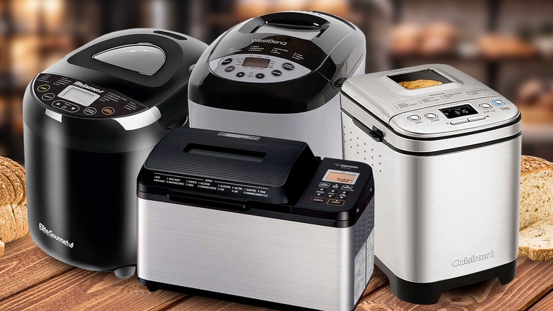 composite of four bread machines sitting on a wooden table