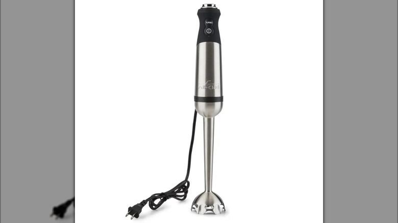 Stainless steel All-Clad corded immersion blender on white background