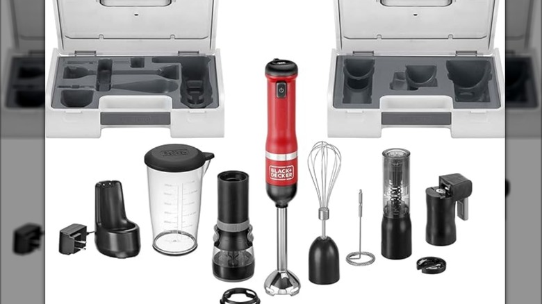 Red Black+Decker immersion blender surrounded by various attachments and case on white background