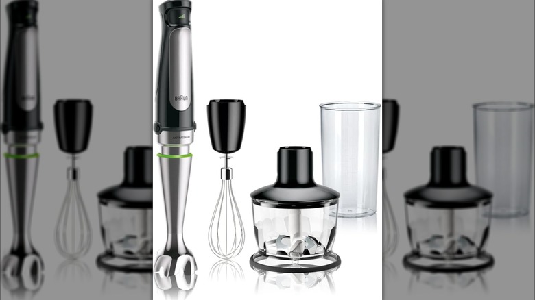 Braun hand blender and attachments on white background