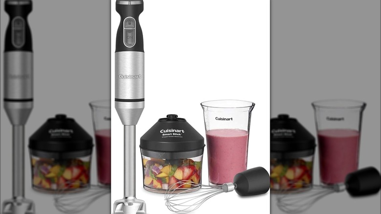 Cuisinart hand blender with chopper full of fruit and pink smoothie on white background