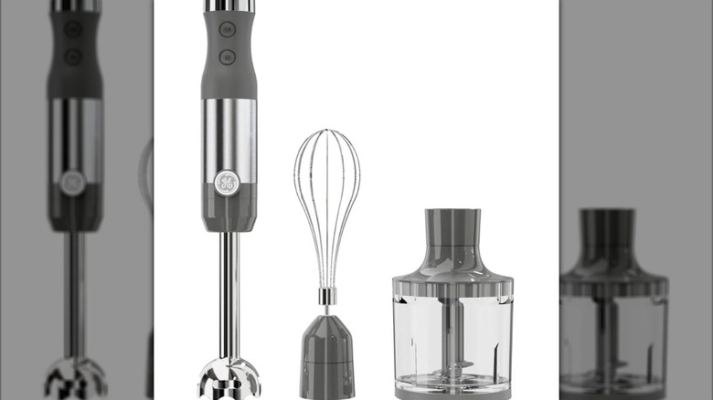 GE immersion blender, whisk attachment, and chopper on white background