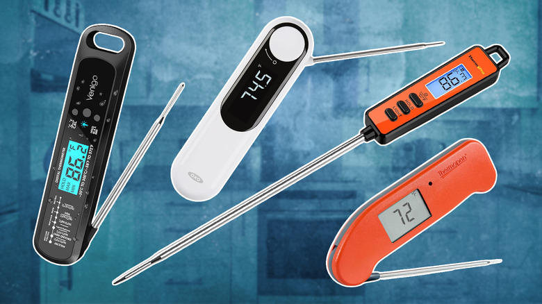 Four different brands and styles of meat thermometers on a blue background