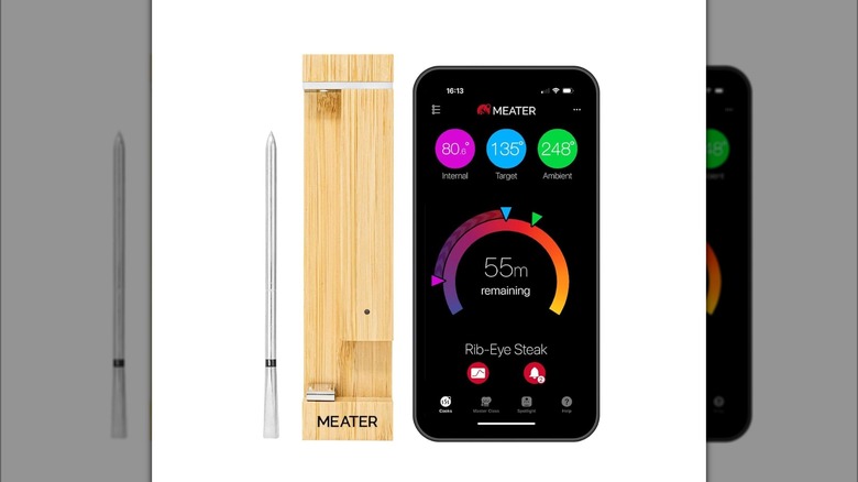 Meater Pro wireless probe thermometer with app opened on phone