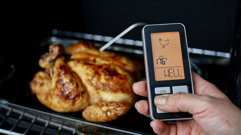 Person checking temperature of chicken in the oven with a digital thermometer