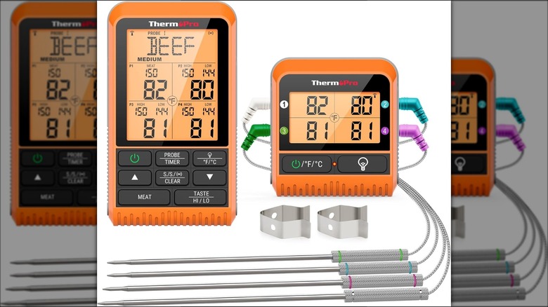 ThermoPro wireless meat thermometer with its accessories on a white background