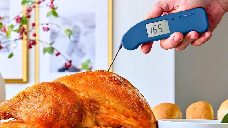 hand checking temperature of roasted turkey with ThermaPen thermometer