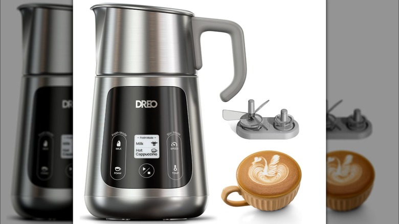 Dreo BaristaMaker Milk Frother on display showing latte and frothing whisks