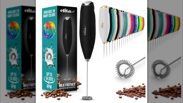 ElitaPro Powerful Milk Frother Wand displayed with coffee beans and a variety of colors