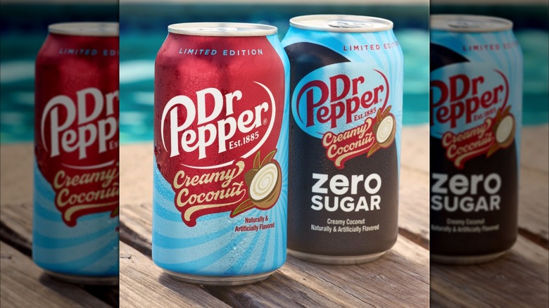 Cans of Dr Pepper Creamy Coconut sodas.