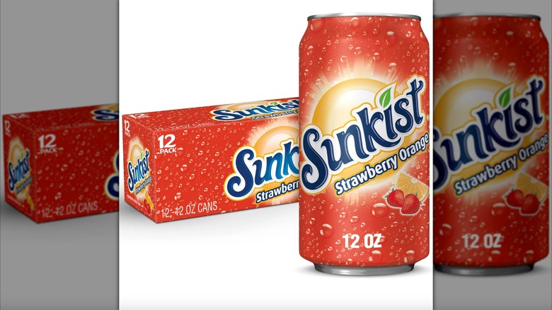 Sunkist strawberry orange soda in cans.