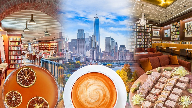 Cocktail, coffee, and meal in front of two restaurants with books and the NYC skyline