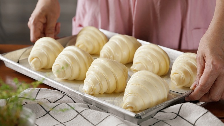 Croissants on tray before baking