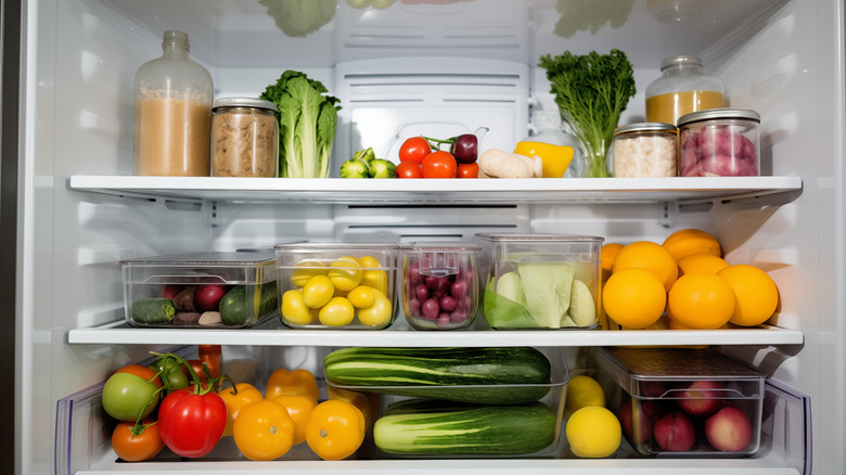 Fridge neat with fruit and veg organized on shelves