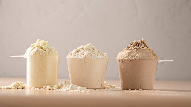 Different protein powder flavors in measuring cups