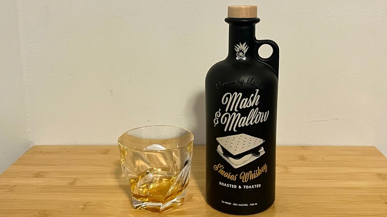 Mash & Mallow S'mores Whiskey bottle and glass