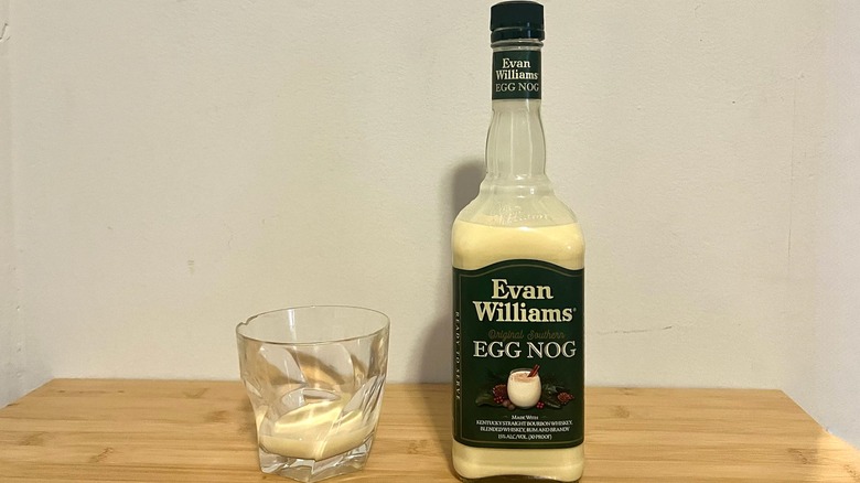 Evan Williams Egg Nog bottle and glass