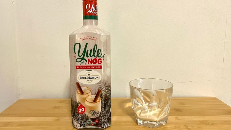 Yule Nog Paul Masson bottle and glass