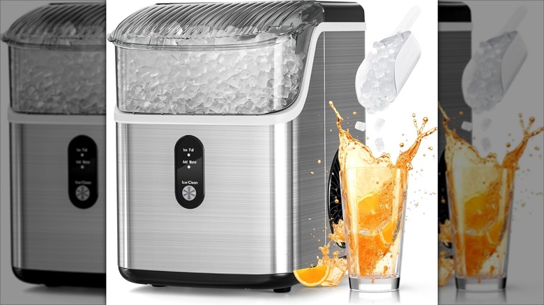 Antarctic Star Nugget Countertop Ice Maker with drink on white background