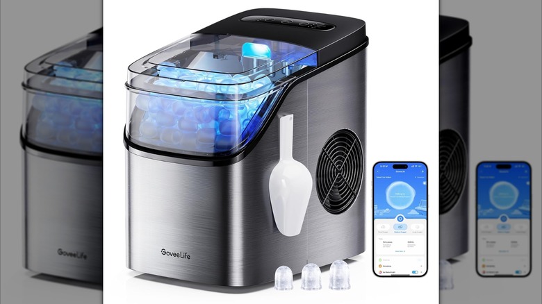 GoveeLife Smart Ice Maker with phone and cube on white background