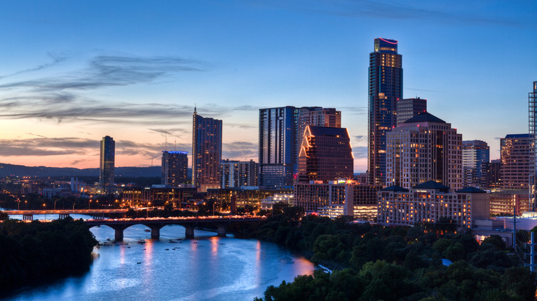 City view of Austin lit up at dusk