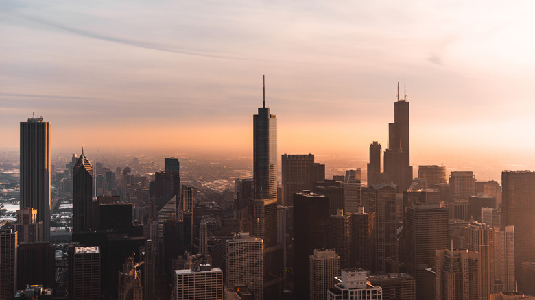 An aerial view of Chicago during sunset