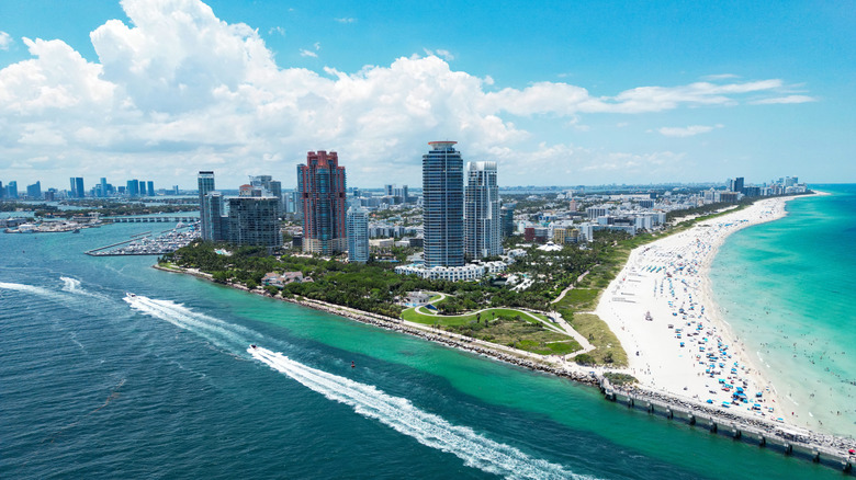 View of Miami from the coast, showing one large section of the city and beach