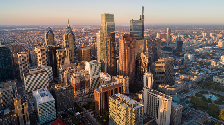 Aerial view of Philadelphia skyscrapers at sunset