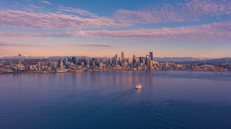 Aerial shot of Elliot Bay and Seattle during sunset