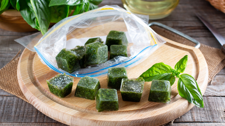 Bagged frozen cubes of herbs