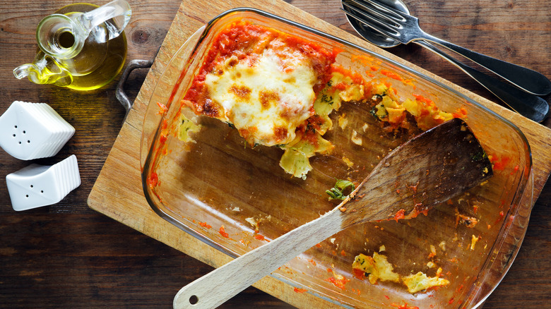 Leftover lasagna in baking glass