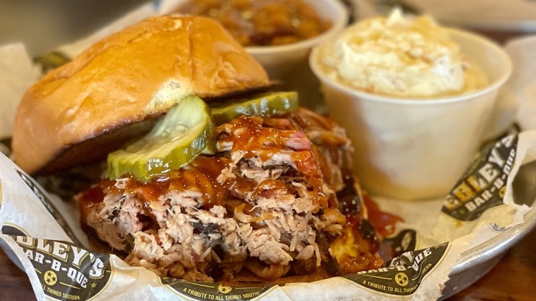 pulled pork sandwich with pickles