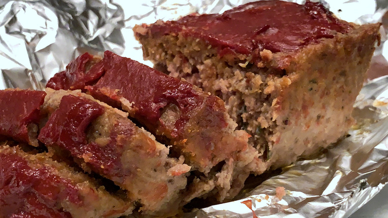 Sliced meatloaf in foil