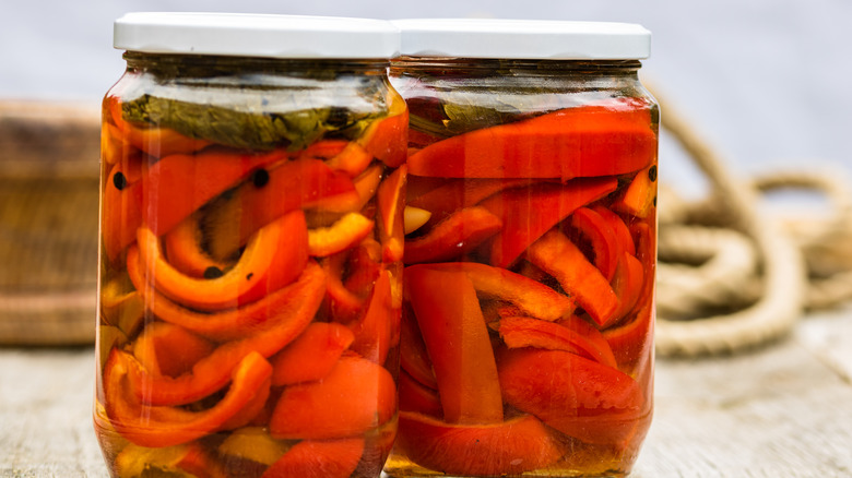 Two jars of red bell peppers