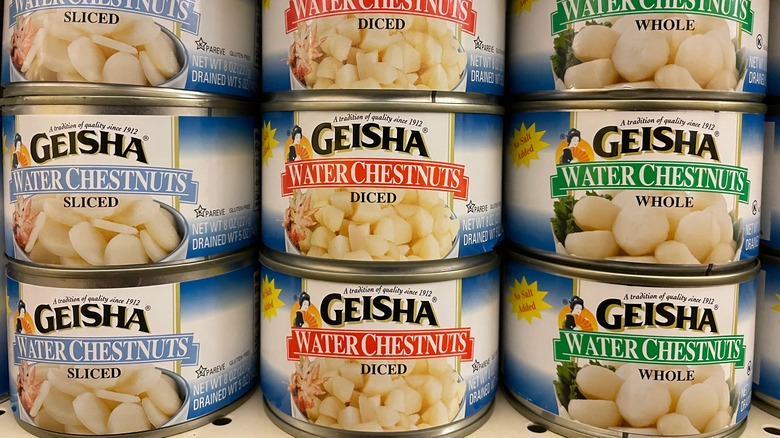 Stacked cans of water chestnuts