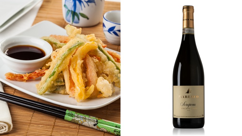 Vegetable tempura and wine bottle