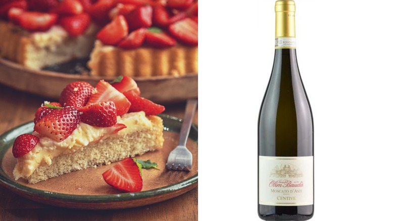 Strawberry tart and wine bottle